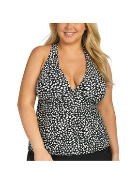 Island Escape 24W Plus Size Black & White Polka-Dot Halter Back Tankini NWT